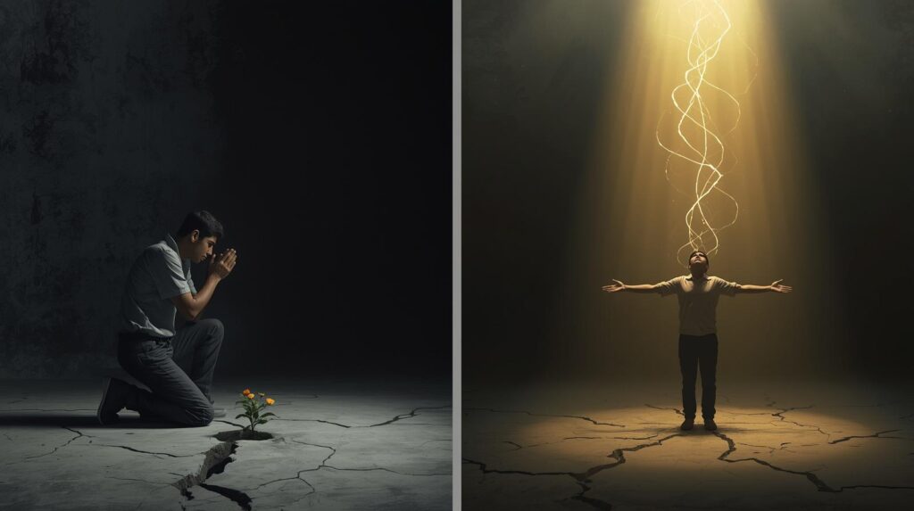 A symbolic image showing a person in a dark, silent space on the left, with a single plant growing through a crack in the center, and the same person bathed in a warm, golden light on the right. The image represents the journey from spiritual silence to a deeper, renewed faith. Keywords: spiritual crisis, dark night of the soul, spiritual growth, faith, divine silence, religious burnout, reconnect with God, prayer, spiritual journey, existential crisis, mindfulness, inner peace.