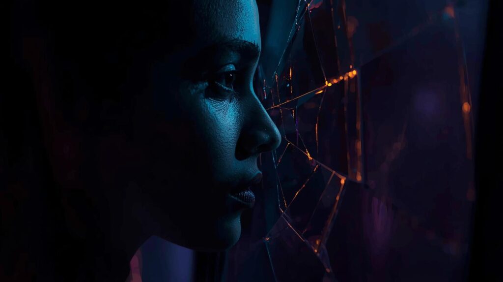 A stylized image of a person's profile, half in shadow, reflected in a cracked mirror, symbolizing the duality of self-awareness. Keywords • self-awareness • self-esteem • ego • narcissism • personal growth • emotional intelligence • psychology • Dunning-Kruger effect • Jungian shadow • mindfulness • self-discovery • mental health